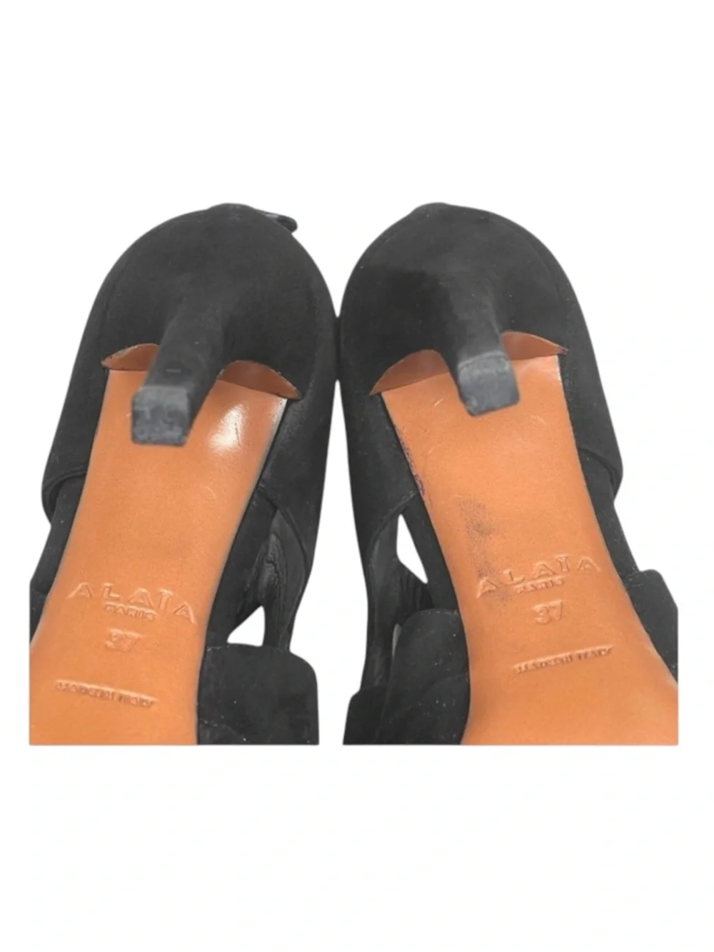 Alaia 𖦹 Cut Out Peep Toe Platform Stiletto Heel Sandals 𖦹 Black Suede 𖦹 37